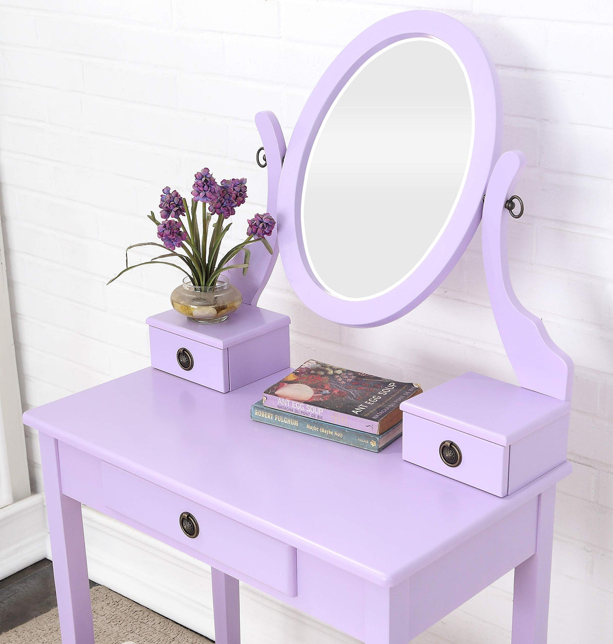 Roundhill Furniture Moniys Wood Moniya Makeup Vanity Table and Stool Set, Purple Roundhill Furniture