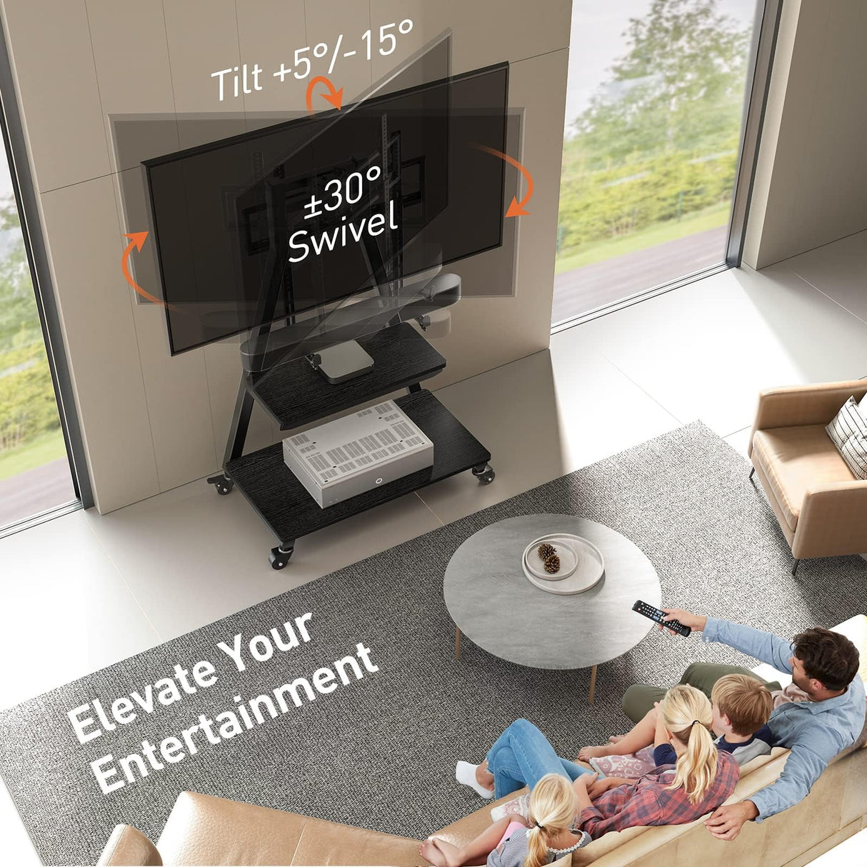 Perlegear Mobile TV Stand with Soundbar Mount, Rolling Floor TV Stand with Wheels for 43-80" TVs up to 132lbs, Mobile TV Cart with Storage Shelves, Tilt Swivel Corner TV Cart Max VESA 600x400mm Perlegear