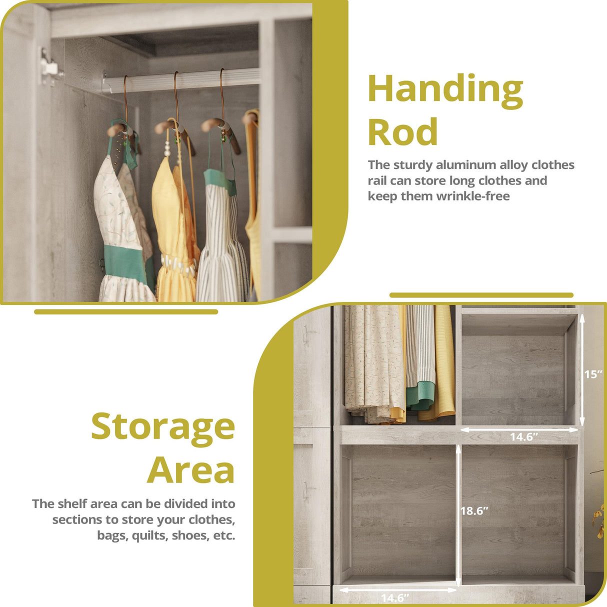 LIKIMIO Large Wardrobe Closet, Farmhouse Clothing Storage Cabinet with Hanging Rod and 2 Doors, Wooden Tall Bedroom Armoires with Storage Shelves, Rustic White LIKIMIO