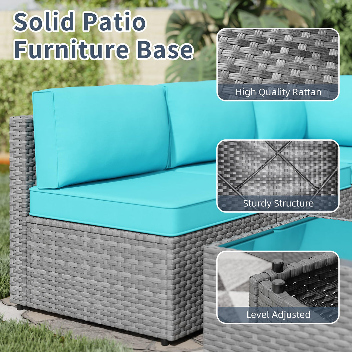 SUNLEI 5pcs Patio Outdoor Furniture Sets Conversation Set,Low Back All-Weather Rattan Sectional Sofa with Tea Table&Washable Couch Cushions(Silver Rattan) (Sky Blue) SUNLEI