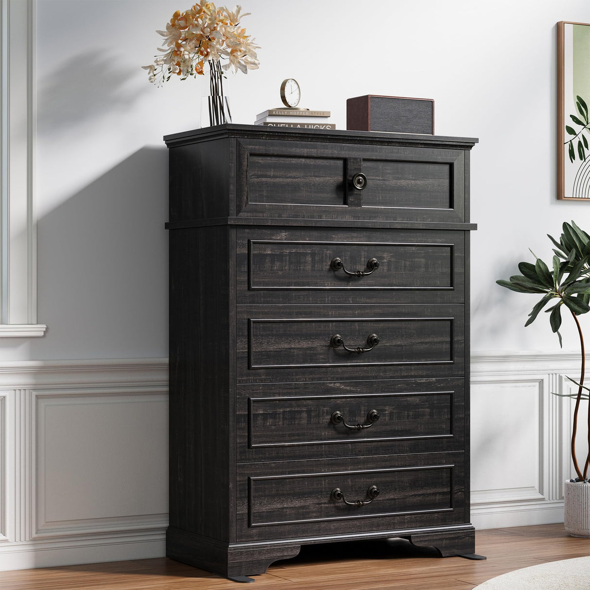 IRONCK 5 Drawer Dresser for Bedroom, Farmhouse Chest of Drawers with Charging Station, Vintage Drawer with Natural Texture, 47.8" Tall Dresser for Living Room, Hallway, Charcoal IRONCK