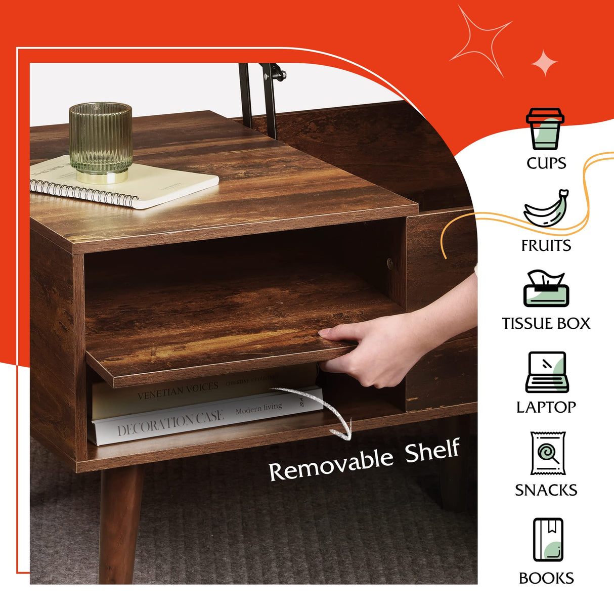 WLIVE Wood Lift Top Coffee Table with Adjustable Storage Shelf and Hidden Compartment, Lift Tabletop Dining Table for Living Room and Office, Rustic Oak WLIVE