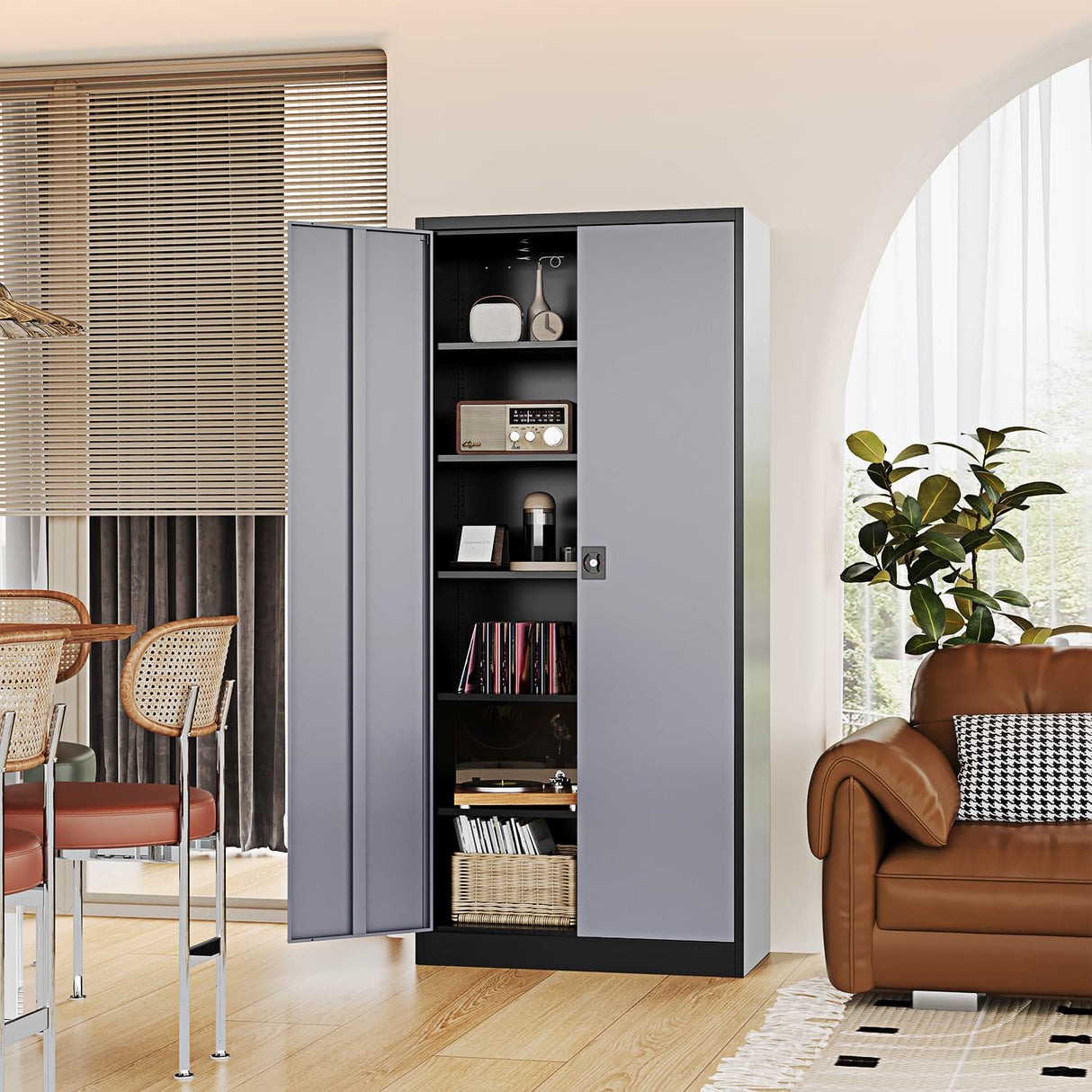 Fesbos Metal Storage Cabinet-72” Tall Steel File Cabinets with Lockable Doors and Adjustable Shelves-Black&Gray Steel Storage Cabinet for Kitchen, Office, Garage Fesbos