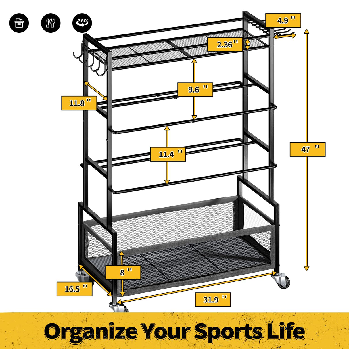 SOYEEZE Sports Equipment Organizer- Ball Storage for Garage,4 Tiers Outdoor Toy Storage,Soccer Racks,Basketball Shooting Training Stand Cart with Wheels and Hooks for Home-School and Gym Use SOYEEZE
