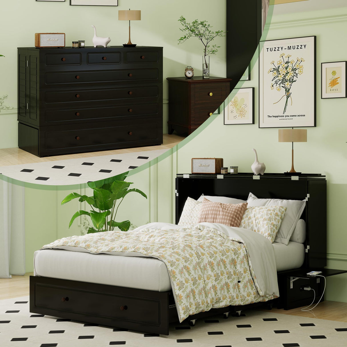 TemkTuek Queen Murphy Bed with Charging Station Cabinet Space Saving Wall Bed for Guest Room, Study, Apartment with Built in USB Ports (NOT Included Mattress) Black (13) TemkTuek