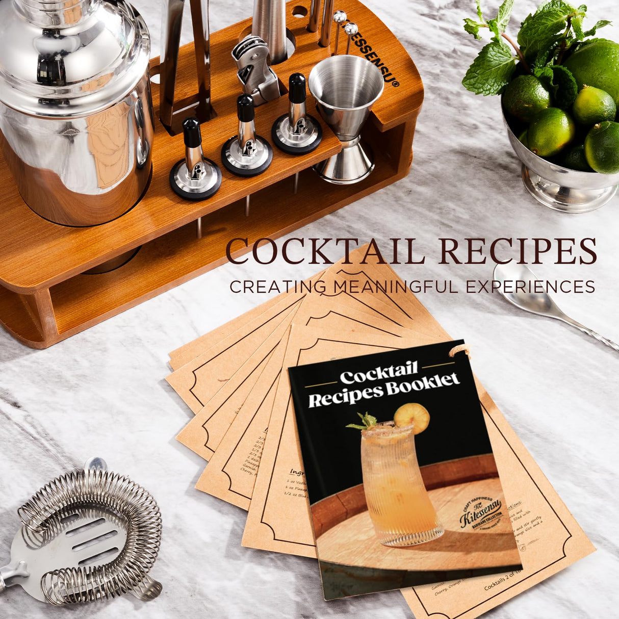 KITESSENSU Cocktail Shaker Set Bartender Kit with Stand | Bar Set Drink Mixer Set with All Essential Accessory Tools: Martini Shaker, Jigger, Strainer, Mixer Spoon, Muddler, Liquor Pourers |Silver KITESSENSU