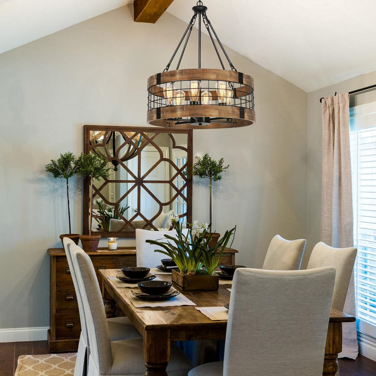 6-Light Farmhouse Wood Chandelier for Dining Room, Rustic Foyer Light Fixtures, Industrial Drum Hanging Lights for Kitchen Island Entryway, Nature Wood Texture and Black Metal Finish WOAEKR