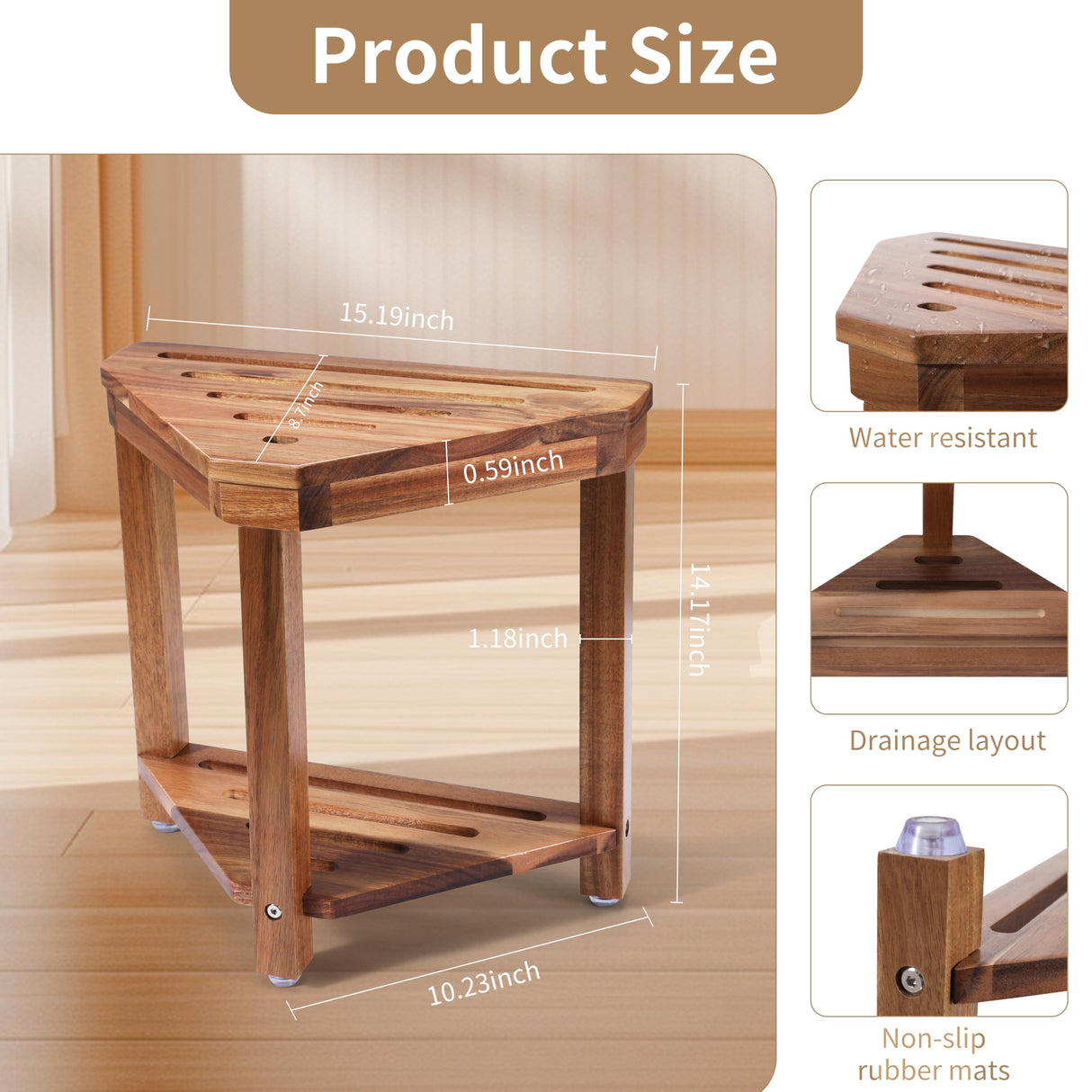 Boulphia Shower Foot Rest 14in, Acacia Wood Shower Stool for Shaving Legs, Waterproof Corner Shower Stool with Storage Shelf for Inside Small Shower Spaces Boulphia
