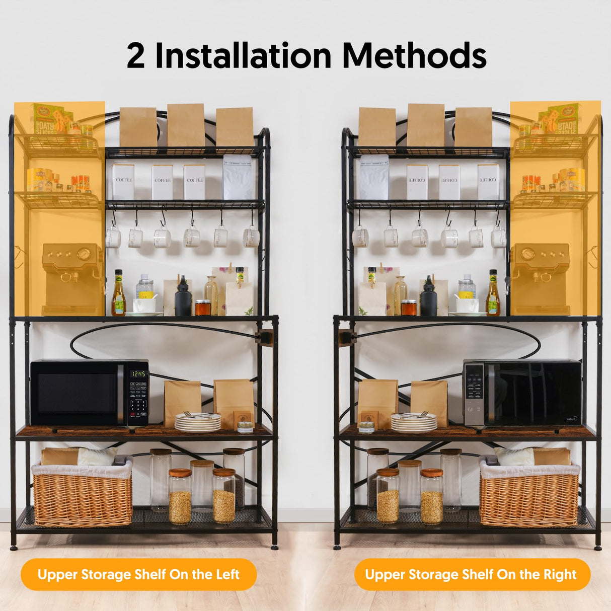 Home Limpidity Large Bakers Rack for Kitchen, 40-inch Wide Coffee Bar Station with Power Outlet, 5 Tier Microwave Stand Storage Shelf with S-Shaped Hooks, Metal Frame with Brown Wood Tabletop Home Limpidity