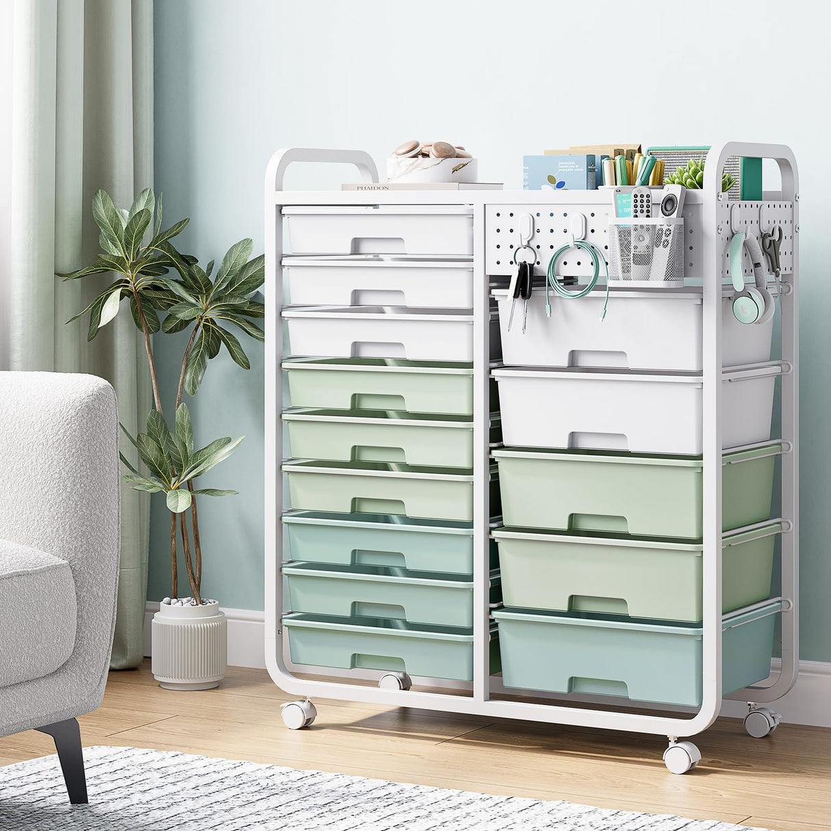 SYKIARIOL 14 Drawer Rolling Cart with Tabletop & DIY Pegboard, Storage Cart with Wheels, Classroom Organizers Utility Cart for Office Home School, Art Supplies, Mobile Craft Organizer, Green SYKIARIOL