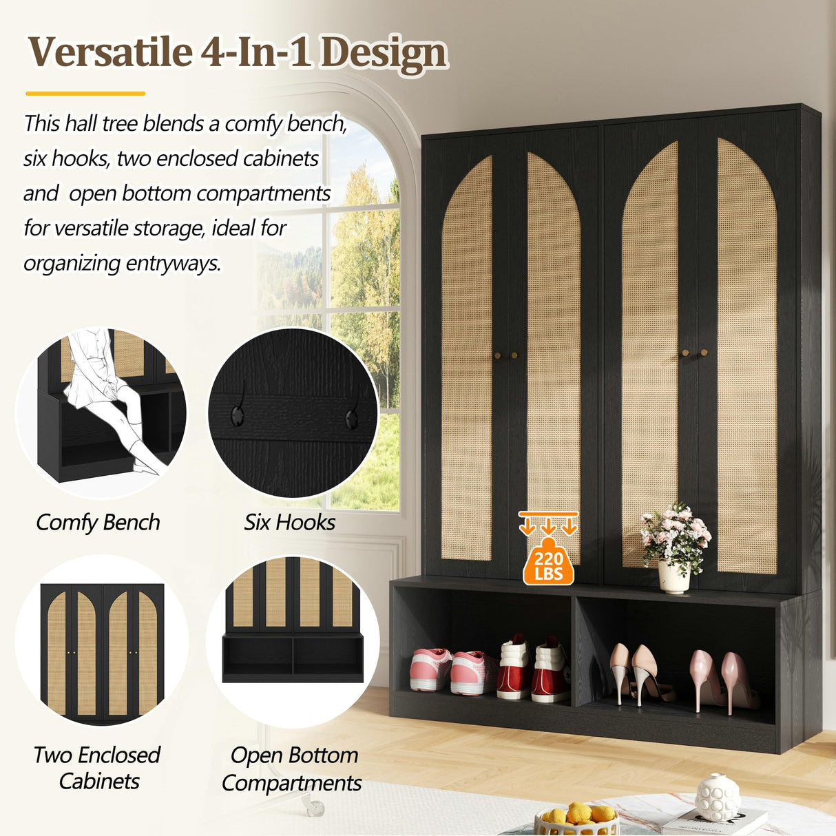 LUMISOL Farmhouse Widen Hall Tree with 4 Rattan Doors for Entryway, 4-in-1 Seating Bench with 6 Hidden Hooks, 78.7”H Entryway Shoe Cabinet with Open Bottom Compartments and Adjustable Shelf, Black LUMISOL