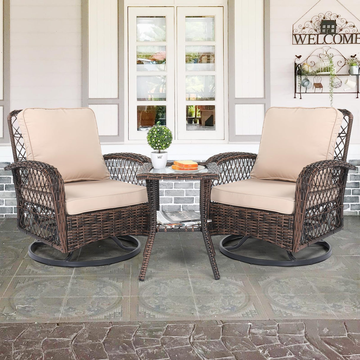 VINGLI 3 Pieces Outdoor Swivel Chairs Set of 2 and Side Table, Wicker Outdoor Rocking Chairs Patio Swivel Rocker Chairs Set for Porch Deck Backyard VINGLI