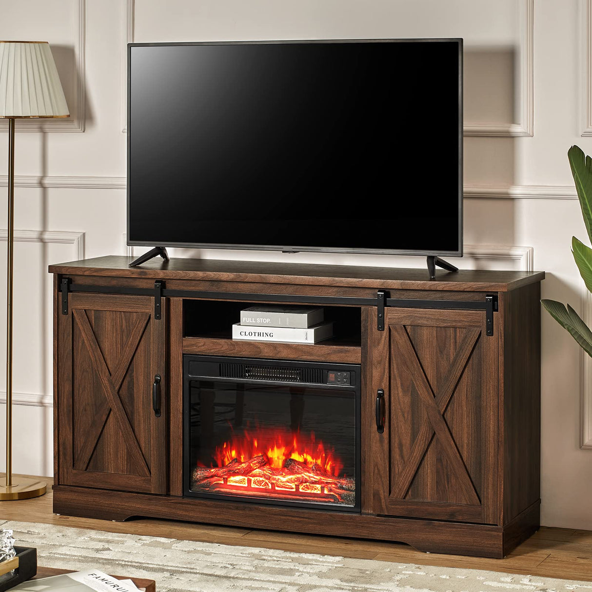 Fireplace TV Stand with Sliding Barn Door for TVs up to 65", Farmhouse 59" Fireplace Entertainment Center with Storage Cabinets/Adjustable Shelves, Dark Walnut AMERLIFE