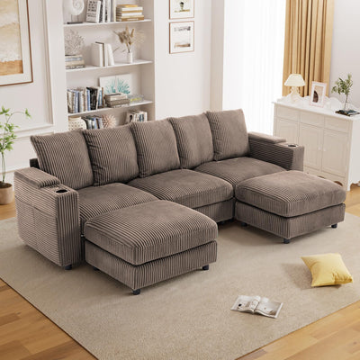 110" Oversized Cloud Couch U Shaped Modular Sectional Sofa L Shaped Sectional Couches for Living Room Comfy Corduroy Cloud Sofa with Ottoman, USB Port, Cup Holder, Armrest Storage, Side Pocket, Brown