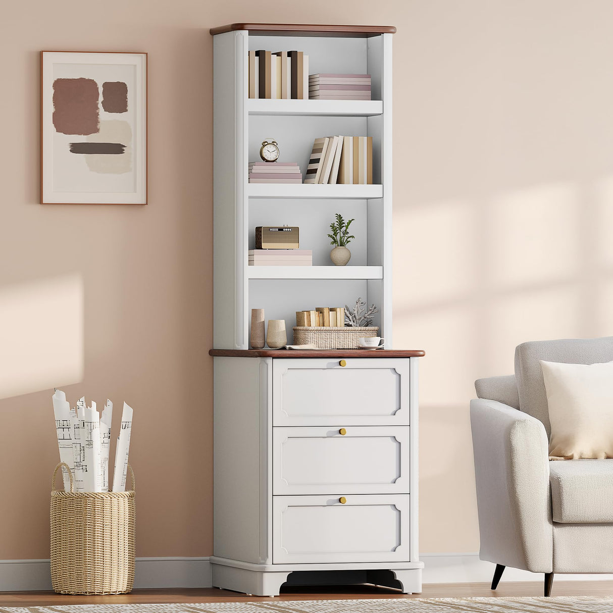 YITAHOME Bookcase with Drawers, 71" Tall Bookshelf with Storage & Adjustable Shelves, Wood Display Book Shelf Organizer with 3 File Drawers for Living Room, Bedroom, Home Office, White YITAHOME