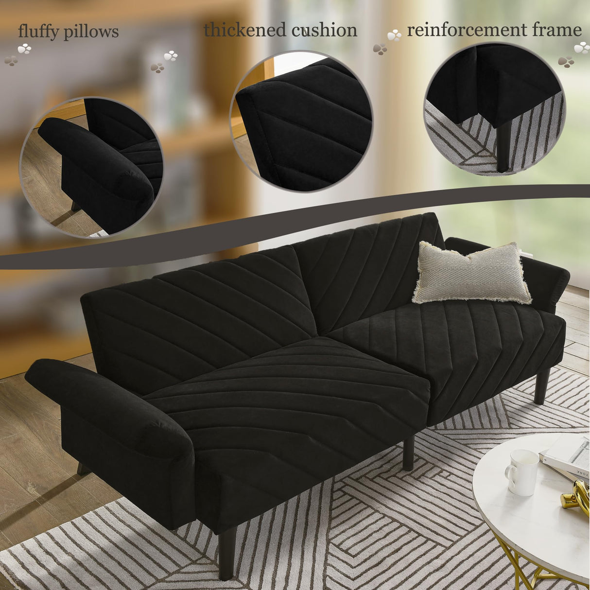 Modern Velvet Futon Sofa Bed,Convertible Sleeper Loveseat with 4 Folding Backrest,78" Comfy Deep Seat Cloud Couch Bed for Living Room Apartment Office (Black) Majnesvon