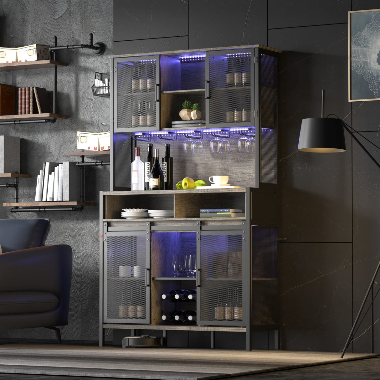 QNICE 71" Dark Rustic Oak Industrial Kitchen Hutch with Sliding Barn Door and LED Lights QNICE