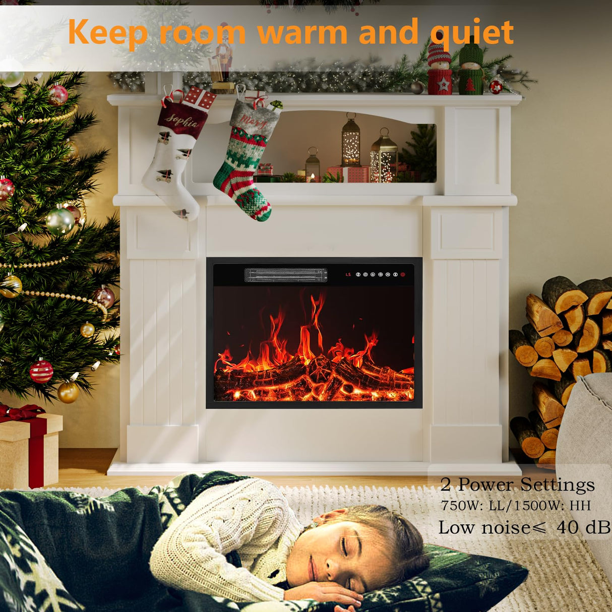 BOSSIN 43" Electric Fireplace with Mantel, 23 inch Electric Fireplace Insert, Freestanding TV Stand with Fireplace Heater,Wooden Surround Firebox Faux Log & Led Flames, Remote Control,750W/1500W White BOSSIN