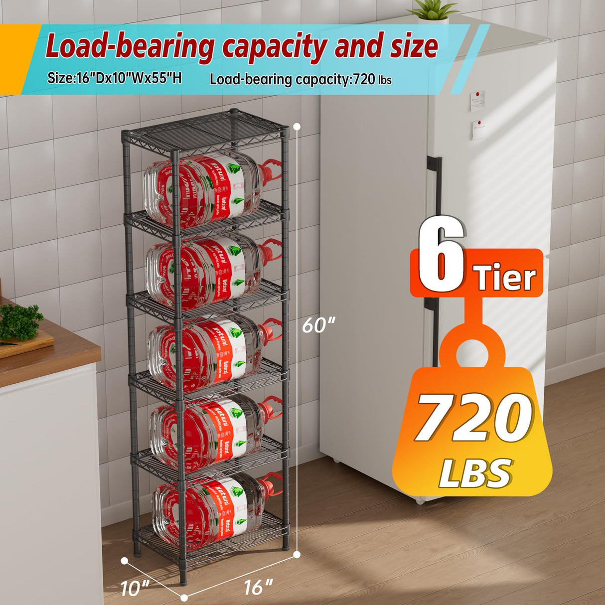 Golpart 6 Tier Adjustable Storage Shelves Narrow Mesh Gaps Metal Utility Shelf Wire Shelving Unit Organizer Rack for Home Kitchen Office Bathroom Pantry Room10 D x 16" W x 60" H Black Golpart