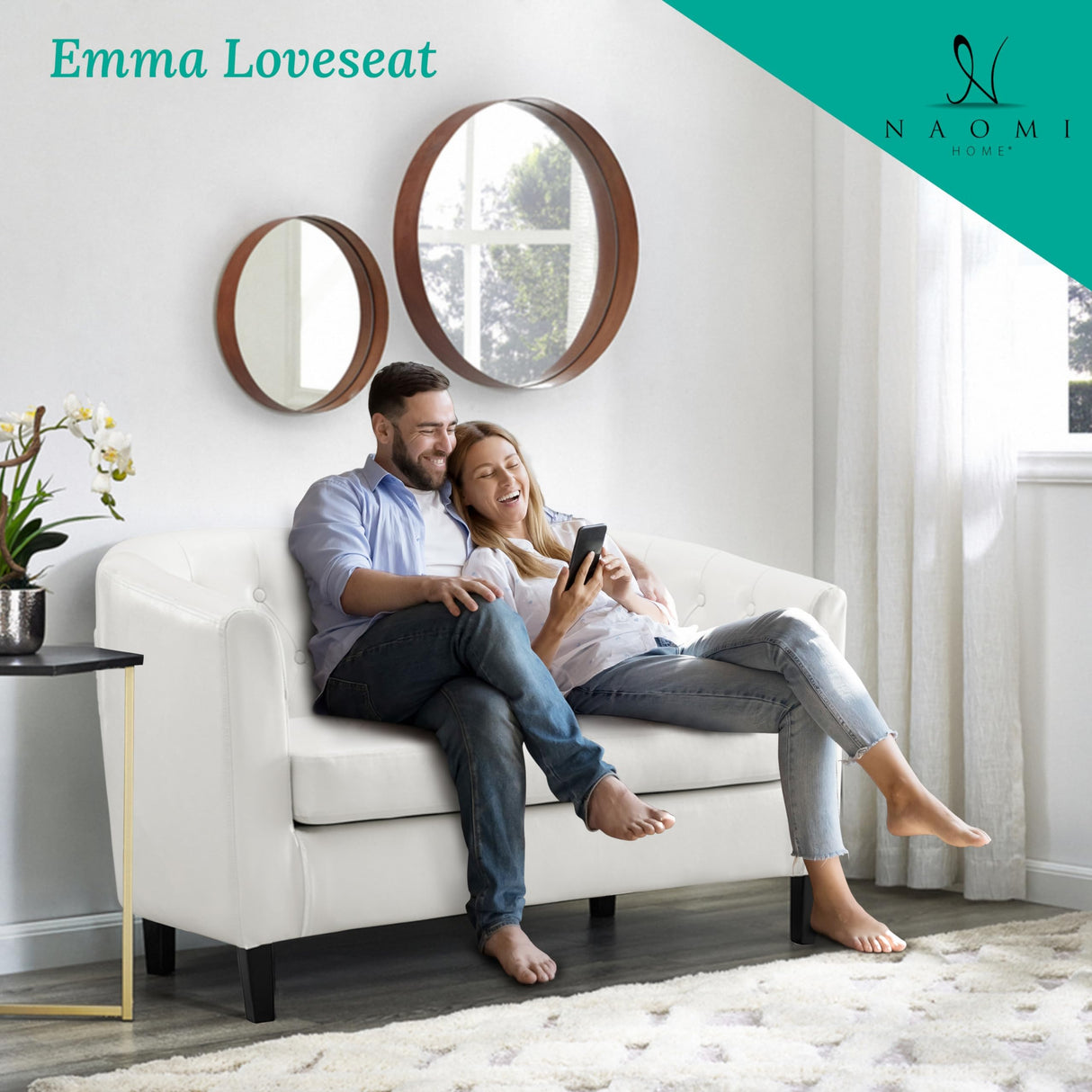 Emma Loveseat, Button Tufted Faux Leather Barrel Loveseat, Midcentury Modern 2 Seater Sofa Couch, Small Loveseat for Small Spaces, Bedrooms, Couches for Living Room, Easy Tool-Free Assembly - White Naomi Home