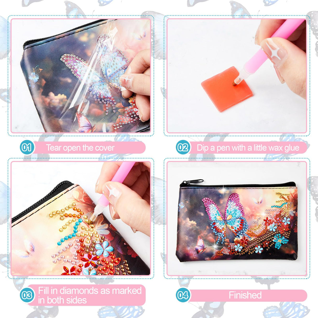 Silkfly 4 Pcs Diamond Painting Art Makeup Bags DIY Purses Toiletry 5d Handmade Double Design Diamond Painting Cosmetic Bags Bulk with Zipper Rhinestone Accessories for Women(Butterfly) Silkfly