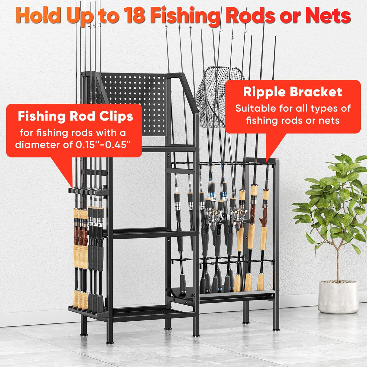 POKIPO Fishing Rod Holders for Garage,Fishing Rod Rack Storage up to 18 Rods,3 Tier Adjust Heavy Duty Metal Fish Pole Stand Organizer with Pegboard for Fishing Gear and Equipment Accessories POKIPO
