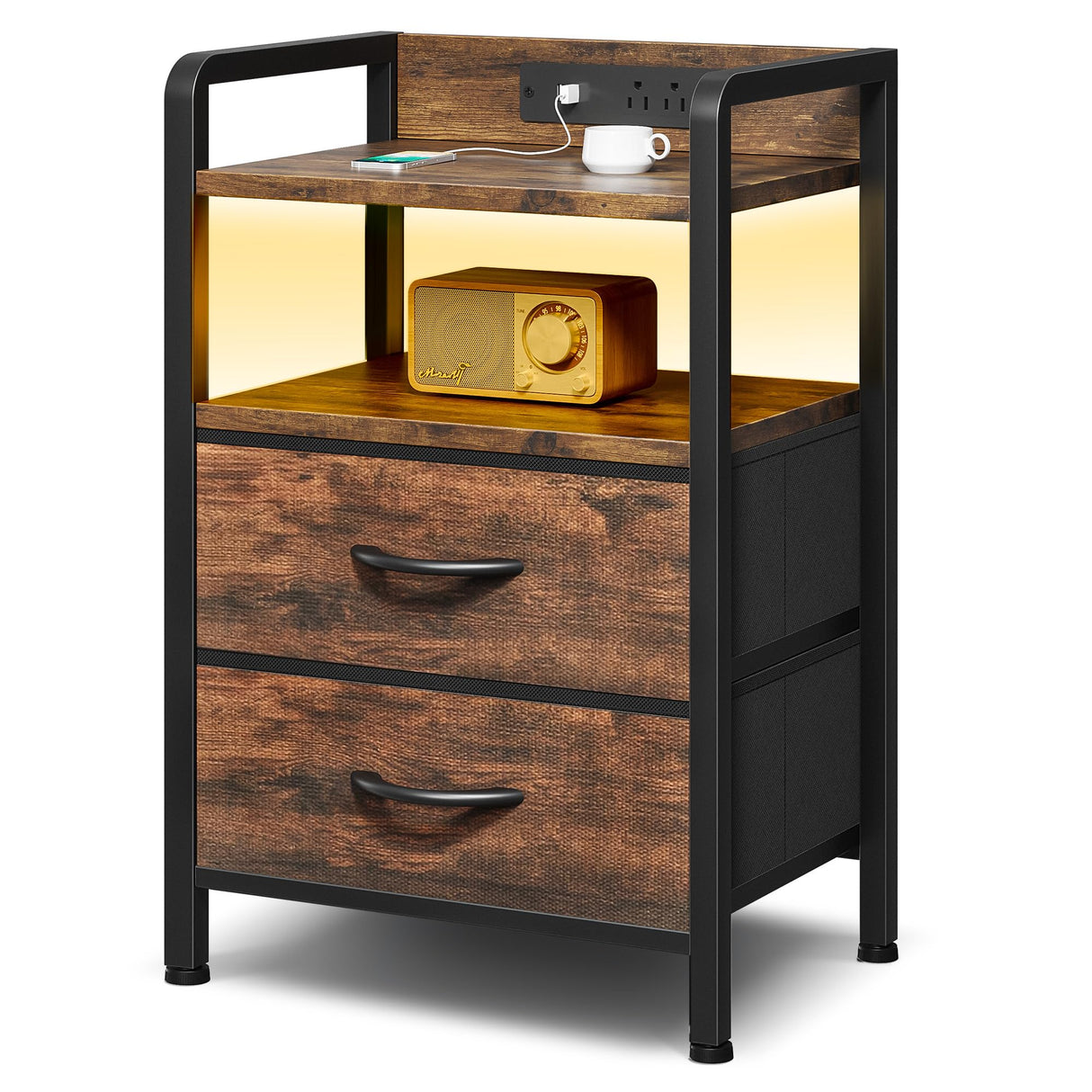 Night Stand Bedside Table Bedroom - Nightstand with Charging Station, Bed Side Table with LED Light Strip, End Table with U-S-B Ports & AC Outlets, Storage Shelf & 2 Fabric Drawers, Rustic Brown Lazzanto