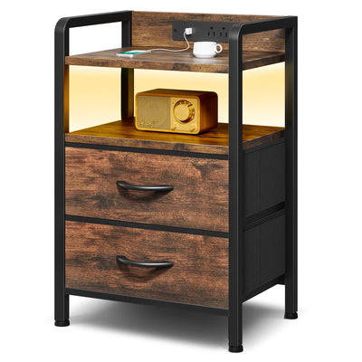 Night Stand Bedside Table Bedroom - Nightstand with Charging Station, Bed Side Table with LED Light Strip, End Table with U-S-B Ports & AC Outlets, Storage Shelf & 2 Fabric Drawers, Rustic Brown