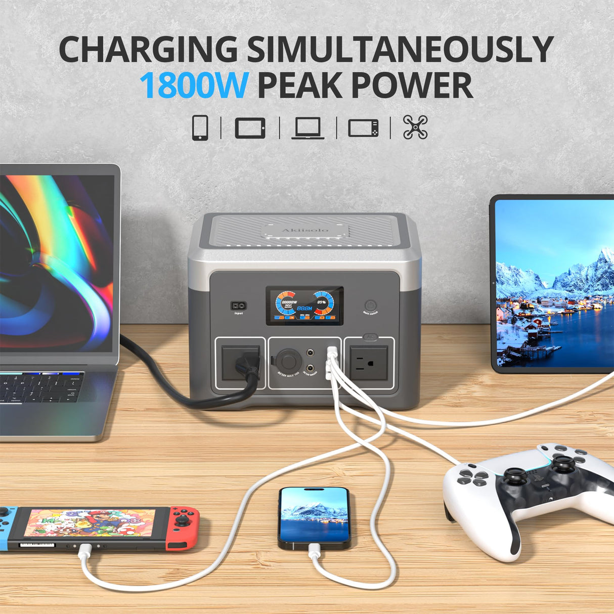 Portable Power Station 600W(1800W peak), 665.6Wh LiFePO4 Battery, Solar Power Station with 110 AC Outlets,UPS Function, Solar Generator for Home Backup,Campinp, Bluetooth Speaker&LED Lights Akiisolo