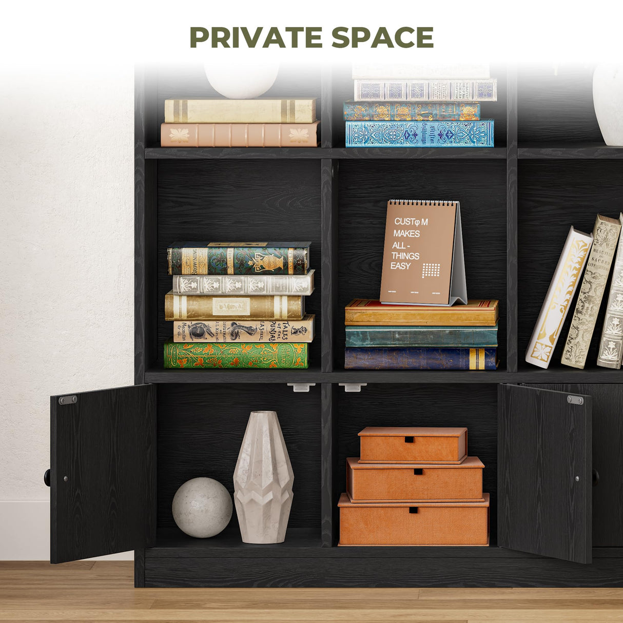 IRONCK Bookshelves and Bookcase, 6 Tiers Large Bookshelf with 4 Doors, Floor Standing Tall Display Storage Shelves for Home Office, Living Room, Bedroom, Black IRONCK