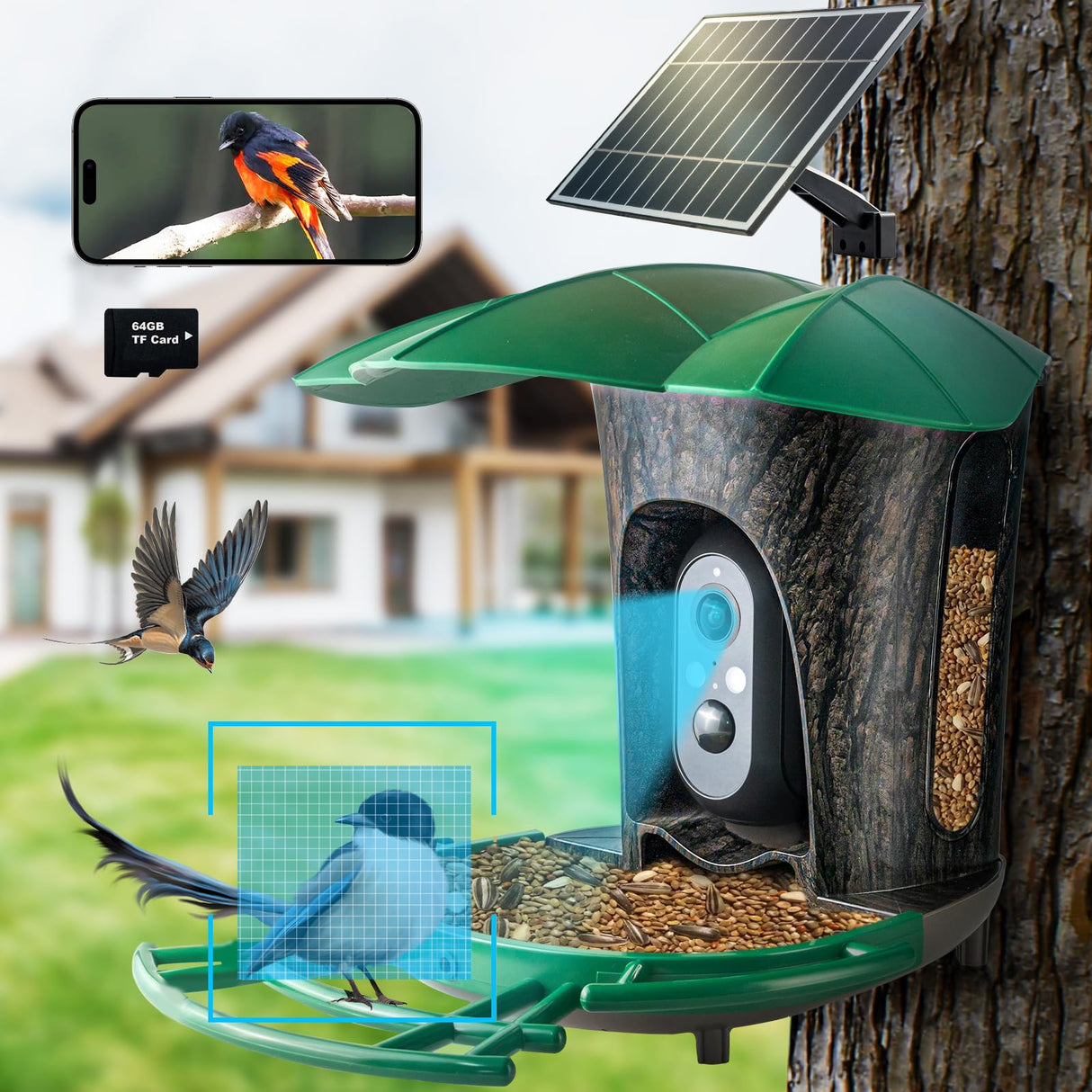 Smart Bird Feeder with Camera, Bird Watcher Camera with High Resolution AI Identify Bird Species with Solar Panels, Video Bird feeders with 180ยฐ Wide-Angle& Motion Detection,Ideal Gift for Bird Lover BEUTFQL