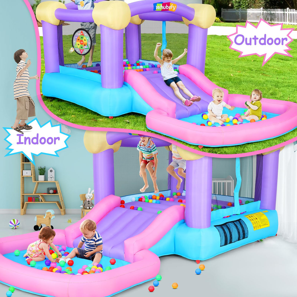 Inflatable Bounce House for Kids 3-6 with Water Slide Ball Pit Pool & 50 Ocean Balls, 5 in 1 Bouncy Castle w/ 6 Sticky Ball Dart Board Game, Basketball Hoop, Storage Bag & Blower Indoor Outdoor Party ROOJER