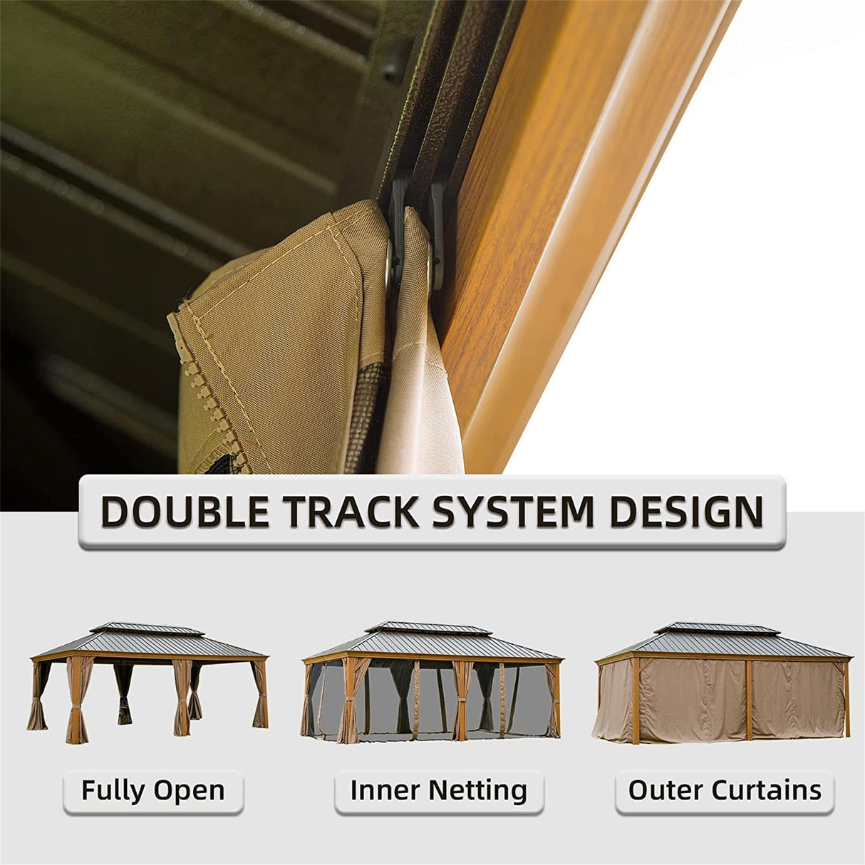 12x18Ft Hardtop Gazebo Wooden Coated Aluminum Frame Canopy Galvanized Steel Double Roof Outdoor Wood-Looking Permanent Metal Pavilion with Curtains and Netting for Patio Deck Lawn MONDAWE