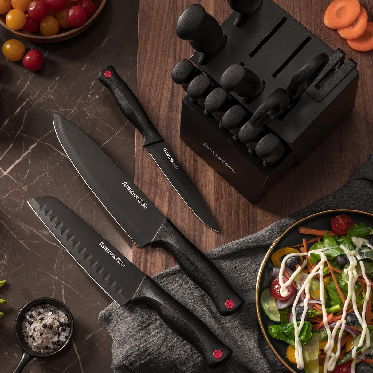 Astercook 15 Piece Knife Set with Sharpener Block - German Stainless Steel, Dishwasher Safe Kitchen Knives with Built-In Sharpener, Black Astercook