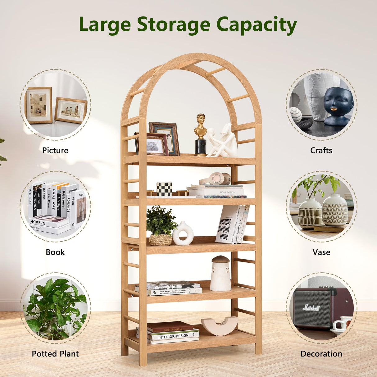 YUCHIATH 5-Tier Solid Wood Open Bookcase, Modern Arched Bookshelf, Home Office Shelf Storage Organizer, Storage Display Rack Shelf for Living Room (Natural) YUCHIATH