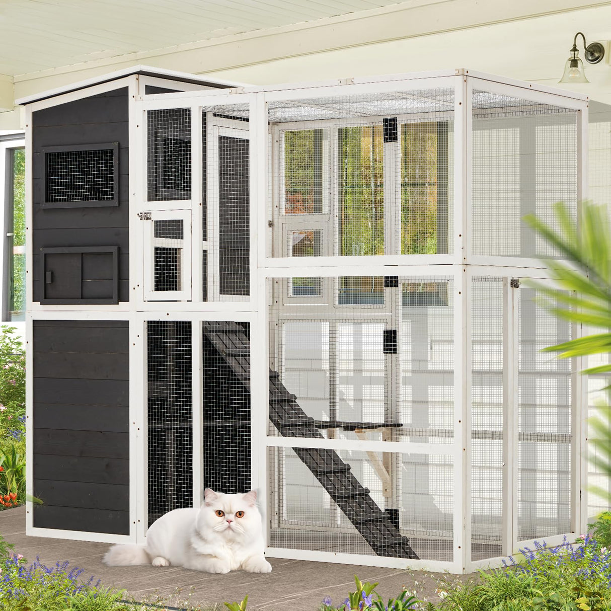 YODOLLA Wooden Cat House,Large Space Cat Cage,Large Outdoor/Indoor Catio Enclosures,Wooden Cat House Weatherproof with Multi Platforms, Indoor Interoperability,Jump Platform Grey YODOLLA