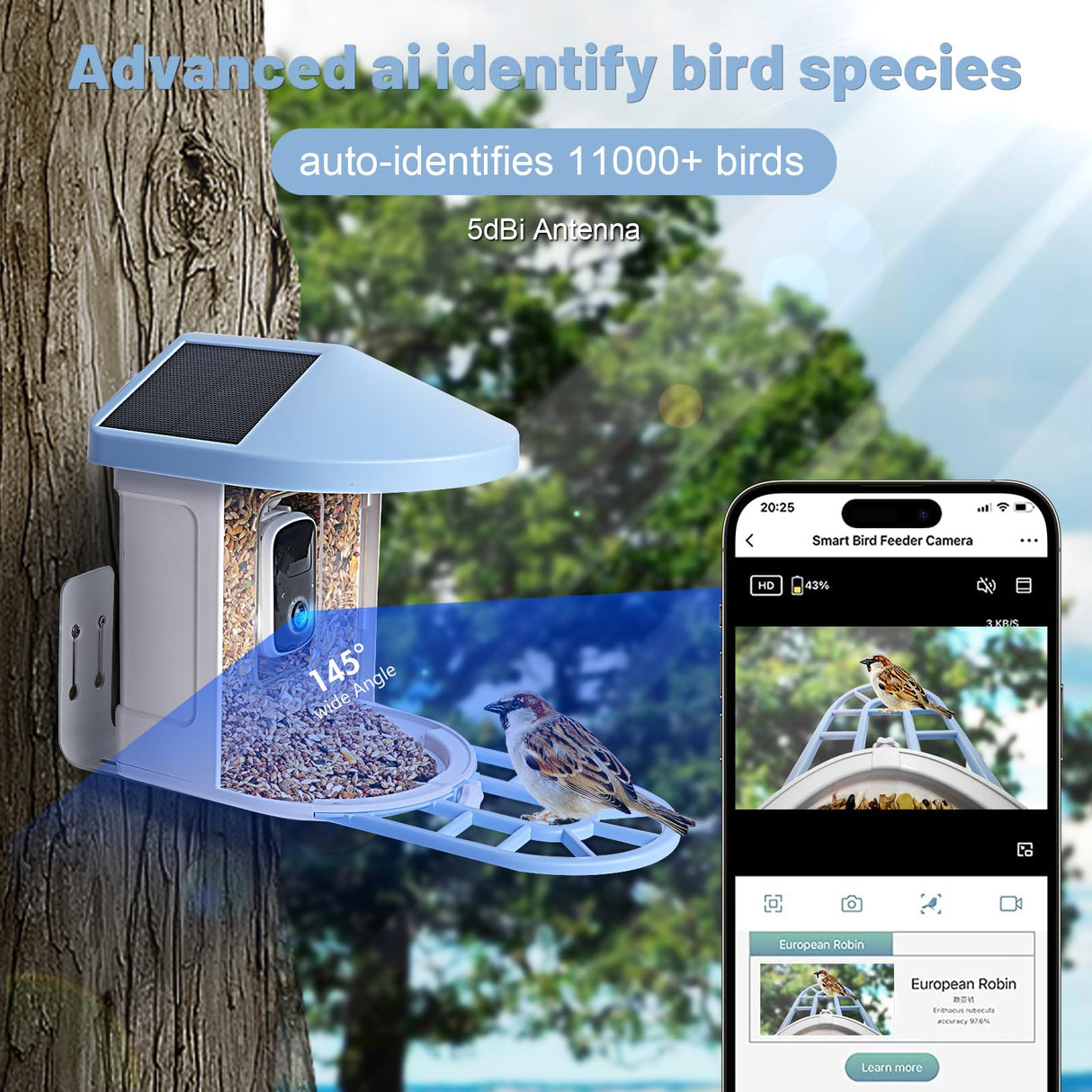 Smart Bird Feeder with Camera,Bird House Camera with AI Identify Bird Species,1080P HD Bird Watching Camera Auto Capture Bird Videos & Solar SMBDFOD