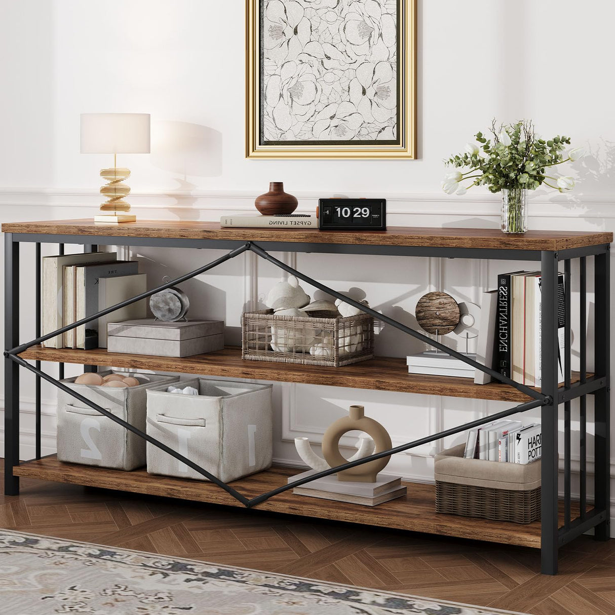 HSH Low Bookshelf, Industrial Wood 3 Tier Extra Long Horizontal Bookcase, Wide Open Metal Large Book Shelf for Bedroom Living Room, Rustic Brown, 70 Inch HSH