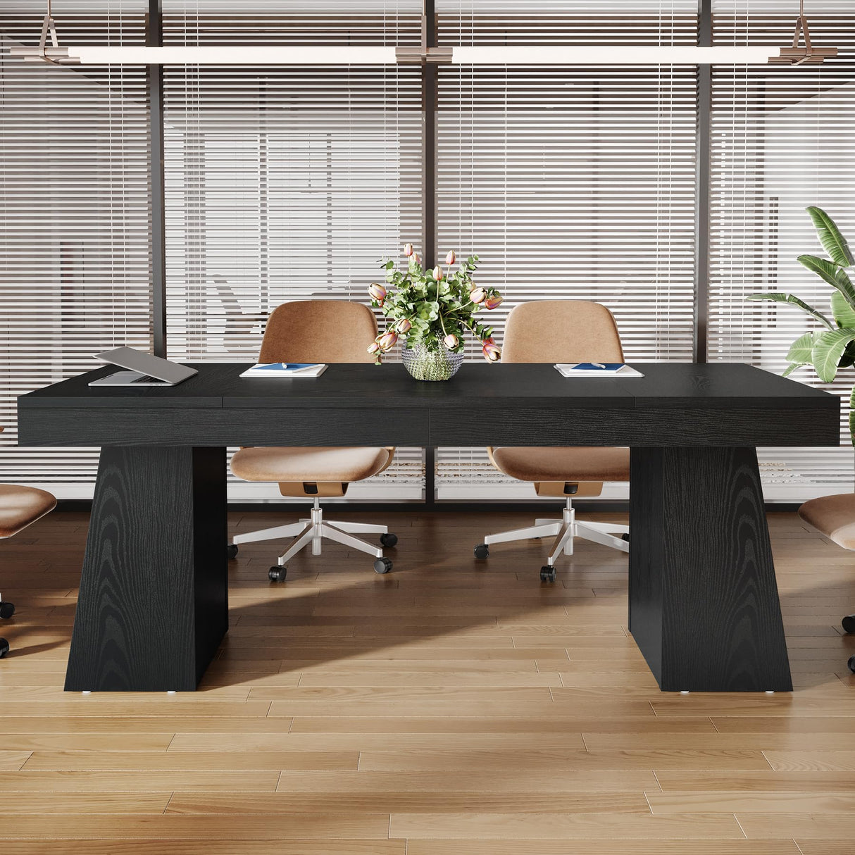 Tribesigns 55.1" W Conference Table for 4-6 People, Modern Meeting Table with Thick Tabletop and Double Trapezoidal Legs, Small Wood Seminar Desk Office Furniture for Conference Room, Black Tribesigns
