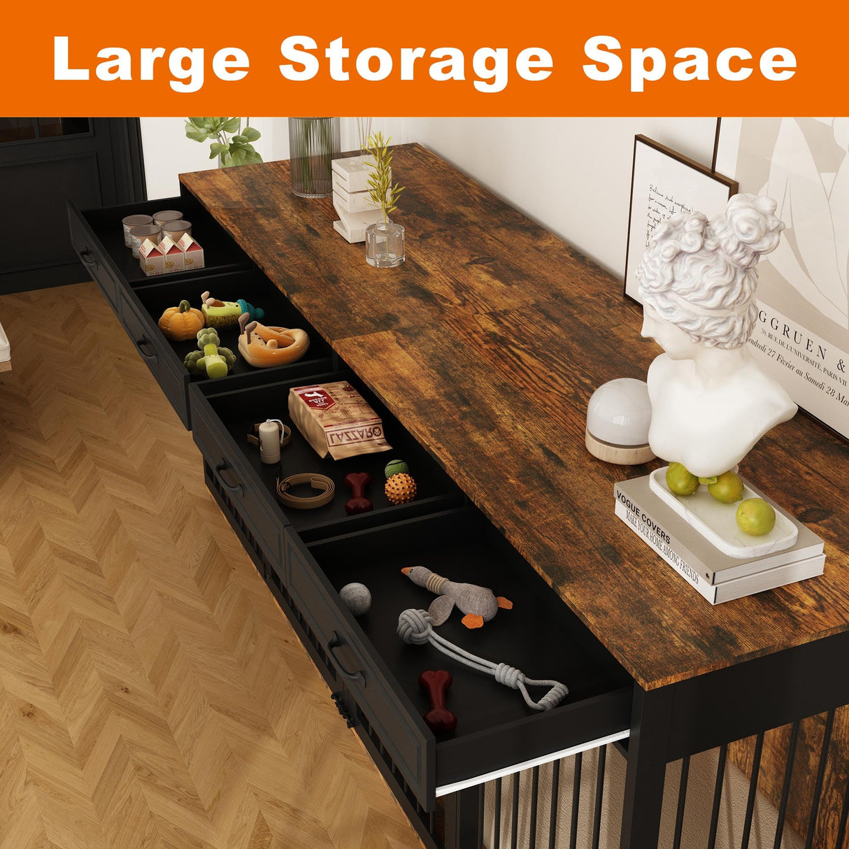 Timechee 93" Extra Large Dog Crate with Double Rooms, Heavy Duty Wooden Dog Cage Furniture Dog Crate Kennel with Drawers & Removable Divider,Indoor Luxury Dog House for Large Medium Dogs, Rustic Brown Timechee