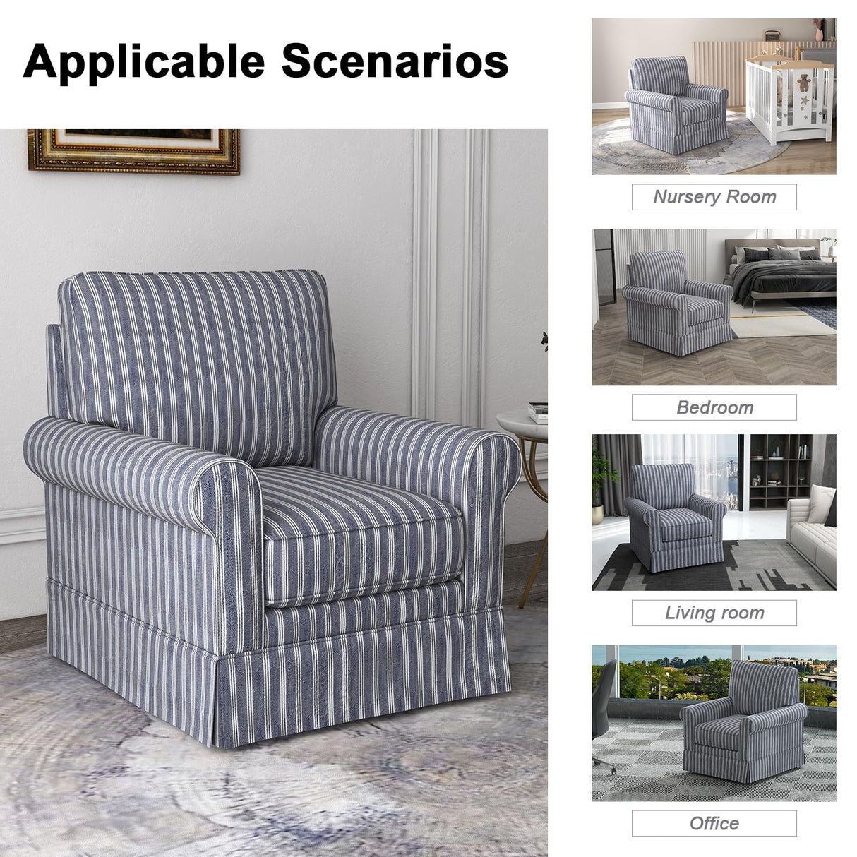 INZOY Swivel Accent Chair Set of 2, Mid Century Modern Reading Chair, Upholstered Swivel Square Chair for Living Room Bedroom Small Spaces, Fully Assembled, Blue Stripe INZOY