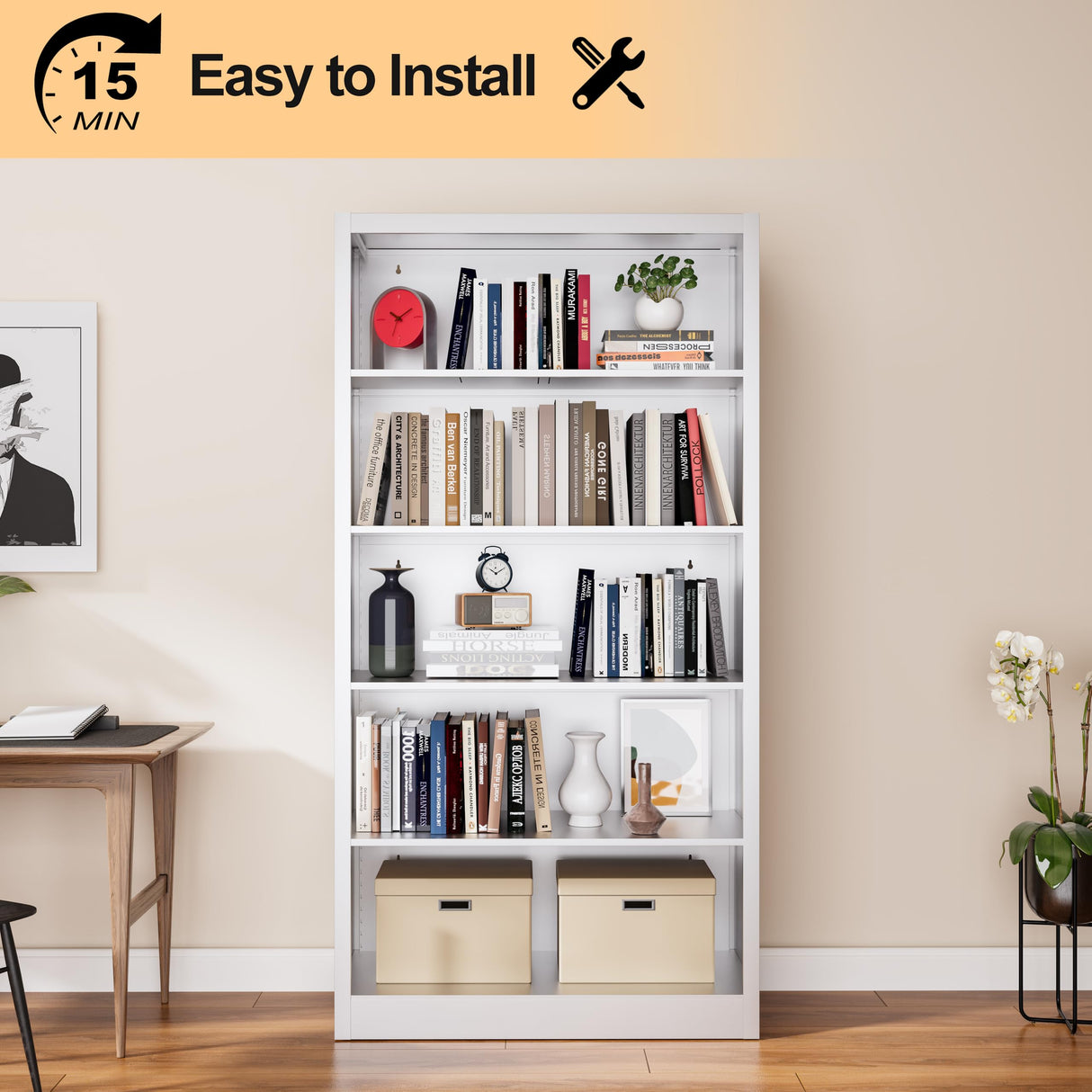 VASAAOSD 66" Tall Metal Bookcase, 5 Shelf White Bookcase with Adjustable Shelves, Large Bookshelves and Bookcases, Modern Book Shelf Storage Organizer for Living Room, Home Office, Library VASAAOSD