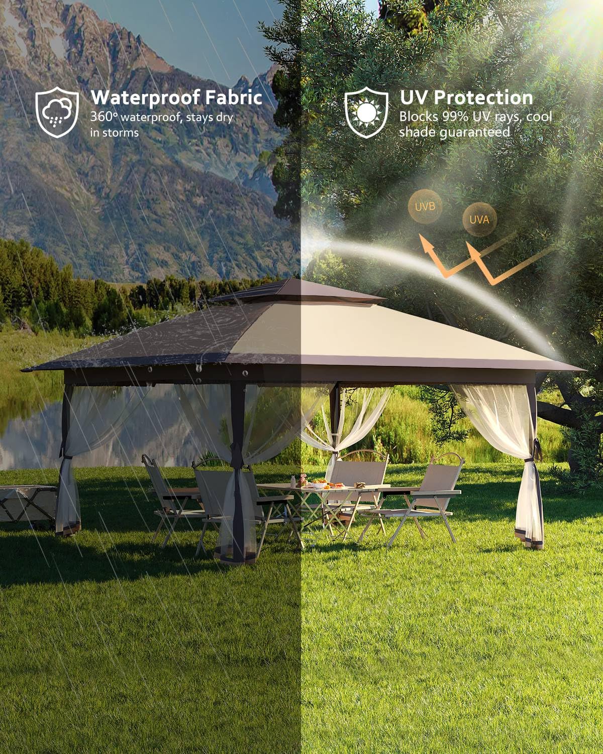 Garveelife Canopy Tent 13x13, Pop Up Gazebo Tent Easy Setupwith 4 Sand Bags for Backyard Garden Patio,Mosquito Netting & Height Adjustable - Khaki Garveelife