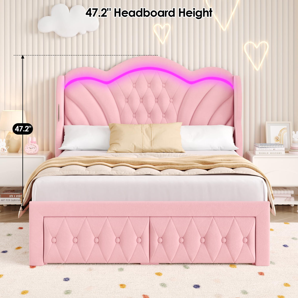 Keyluv Queen Bed Frame Arc-Shaped LED Lights and 47.2" Height Wingback Bed, Button Tufted Headboard and Footboard with Storage Drawer, Velvet Upholstered Platform Bed Frame No Box Spring Needed, Pink Keyluv