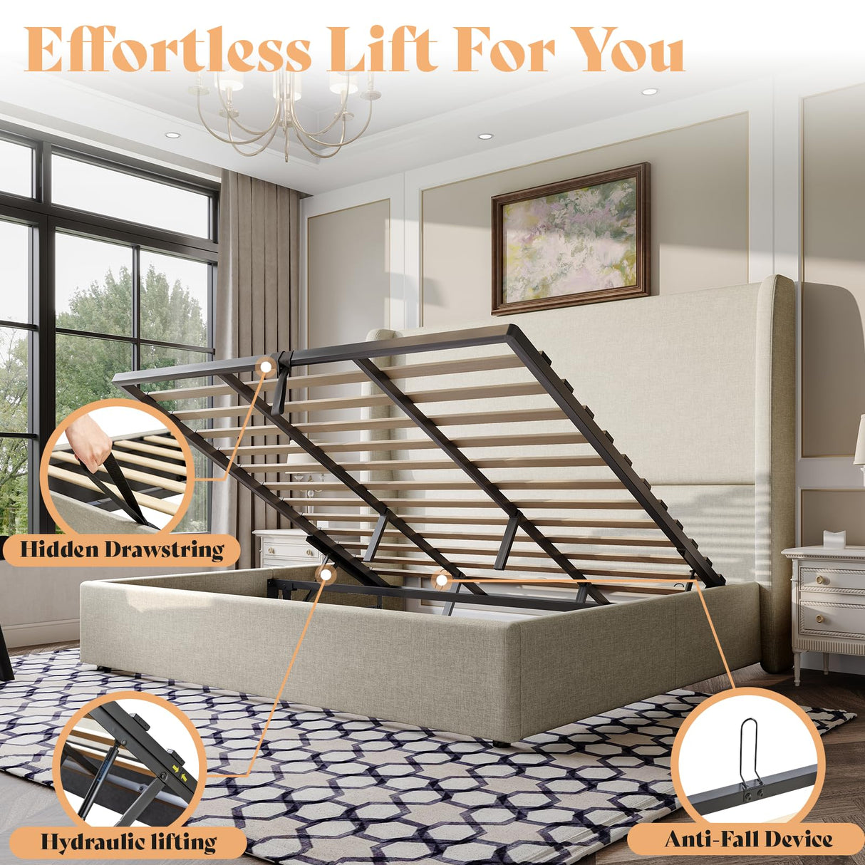 AMERLIFE Lift Up Storage Bed Queen Size Linen Upholstered Platform Bed Frame, Hydraulic Storage,Modern Wingback Headboard, No Box Spring Needed, Khaki AMERLIFE