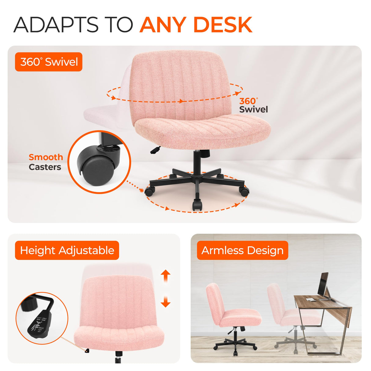 Orange Factory Criss Cross Chair with Wheels, Armless Cross Legged Office Desk Chair, Wide Comfy Vanity Rolling Swivel Modern Comfortable Fabric Computer Task Chairs for Home Office (Pink) Orange Factory