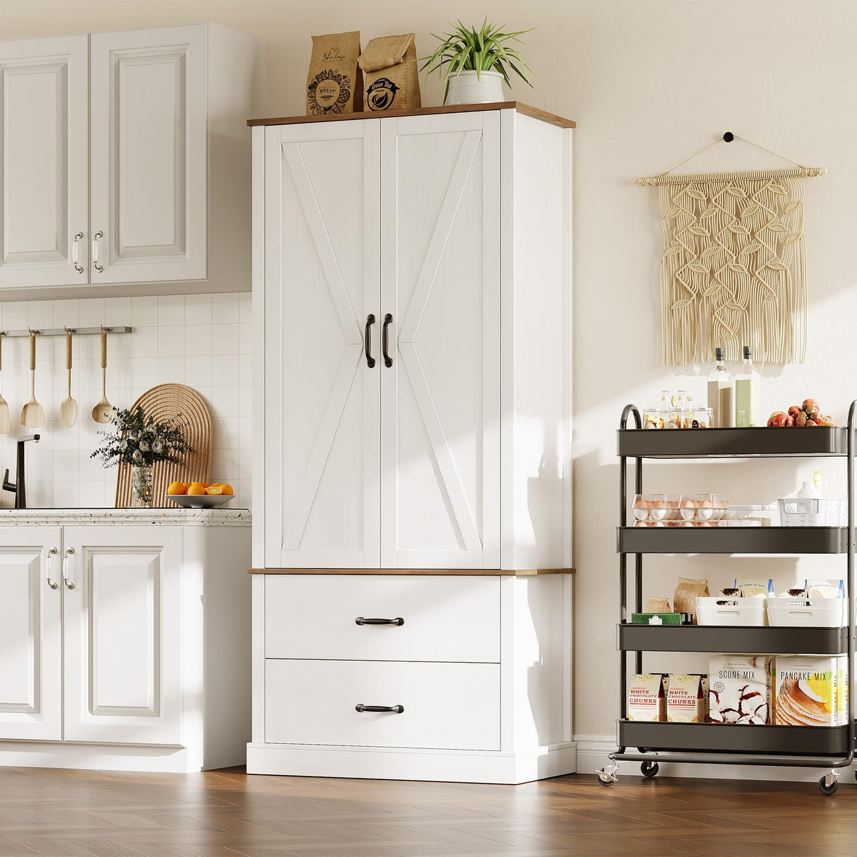 IDEALHOUSE Kitchen Pantry Cabinet with Doors and Shelves, Freestanding Tall Kitchen Cabinet with Microwave Stand, Hutch Cabinet for Kitchen, Living Room, Bathroom, White IDEALHOUSE