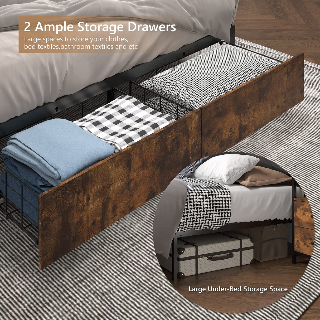 Meitewei Queen Bed Frame with Hidden Storage Headboard and 2 Drawers, LED Bed Frame with Charging Station, Metal Platform Bed Frame, No Box Spring Needed, Vintage Brown Meitewei