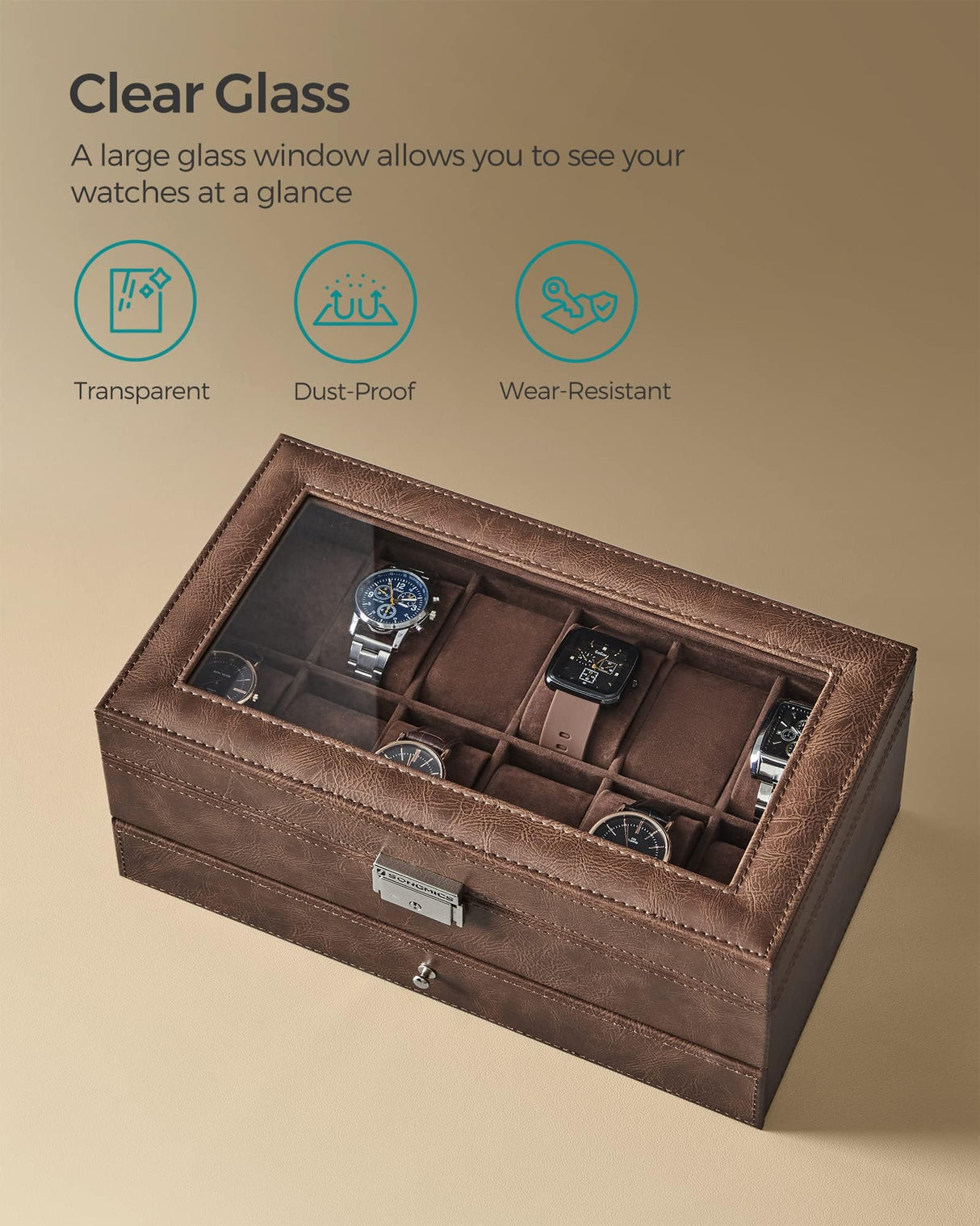 SONGMICS 12-Slot Watch Box, Lockable Watch Case with Glass Lid, 2 Layers, with 1 Drawer for Rings, Bracelets, Gift Idea, Brown Synthetic Leather, Brown Lining UJWB012K01 SONGMICS