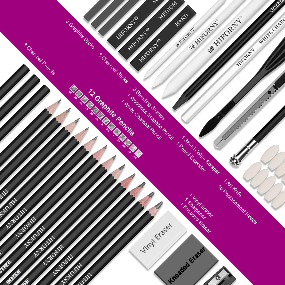 HIFORNY 42 PCS Drawing Set, Sketching Kit with Graphite & Charcoal Pencils, Blending Tools, Erasers & Accessories, Portable Zippered Travel Case for Artists & Beginners HIFORNY